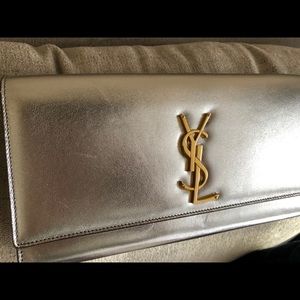 Saint Laurent Cassandre Metallic Logo Clutch Slvr